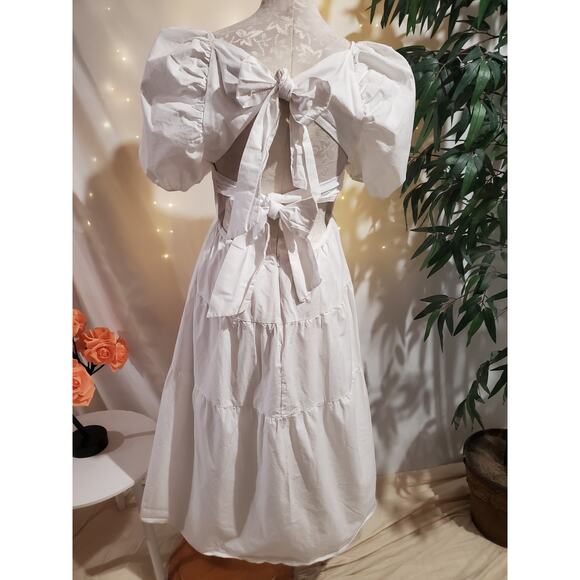 Bardot Tiered Puff Sleeve Open Bow Tie Back Midi Dress Size 6 Small White Cotton - Picture 2 of 11
